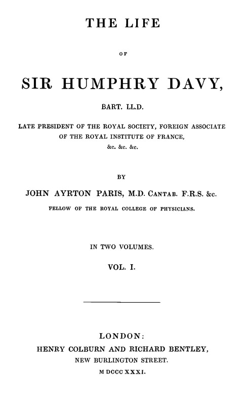 The Life of Sir Humphry Davy, Bart. LL.D., Volume 1 (of 2) cover