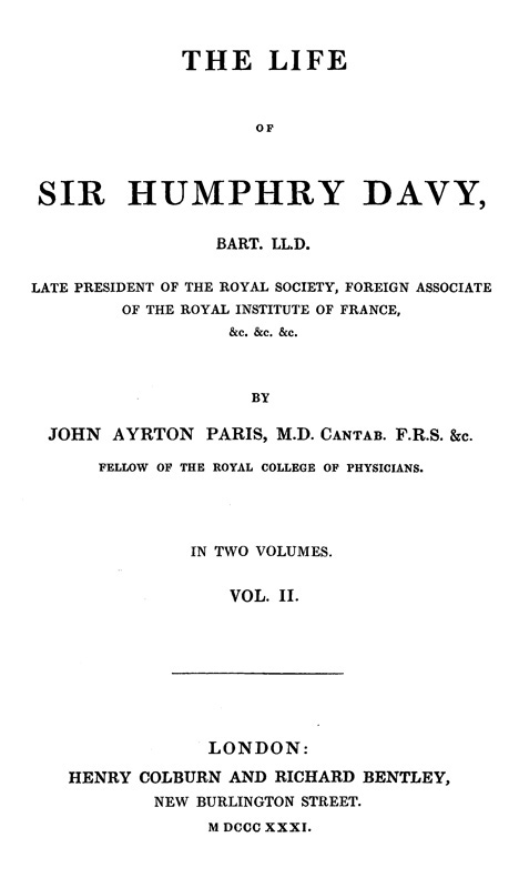 The Life of Sir Humphry Davy, Bart. LL.D., Volume 2 (of 2) cover