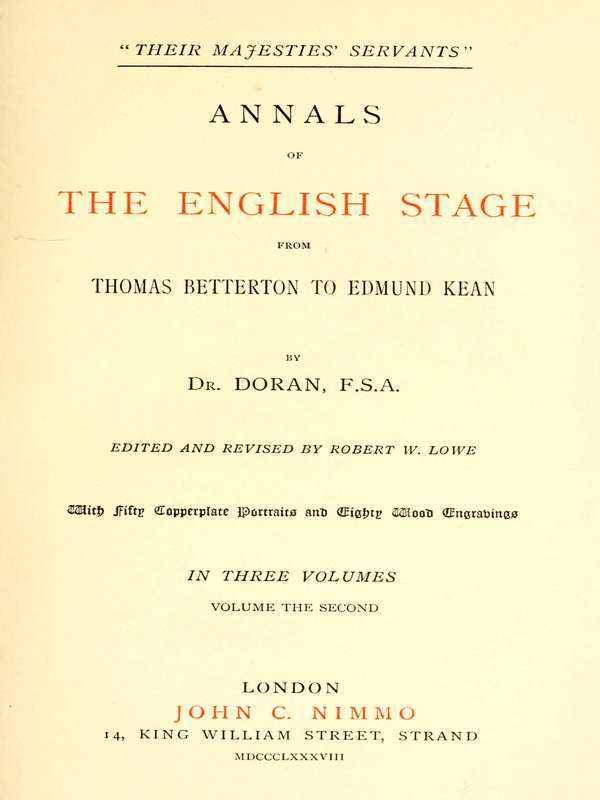 "Their Majesties' Servants." Annals of the English Stage (Volume 2 of 3) cover