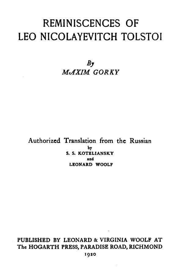 Reminiscences of Leo Nicolayevitch Tolstoi cover