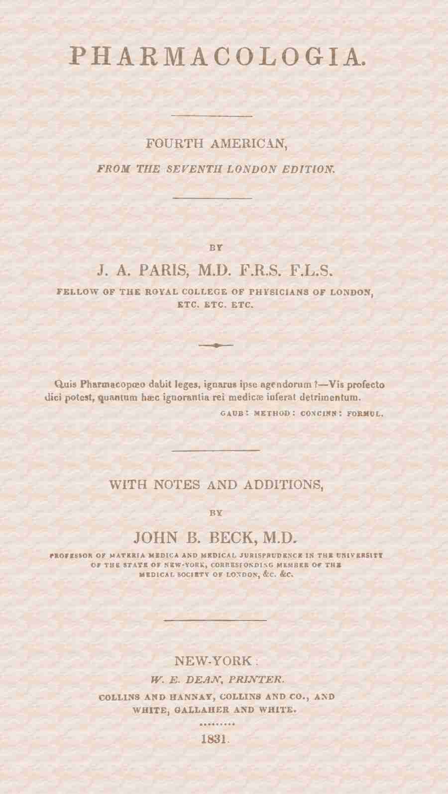 Pharmacologia / Fourth American, from the Seventh London Edition cover