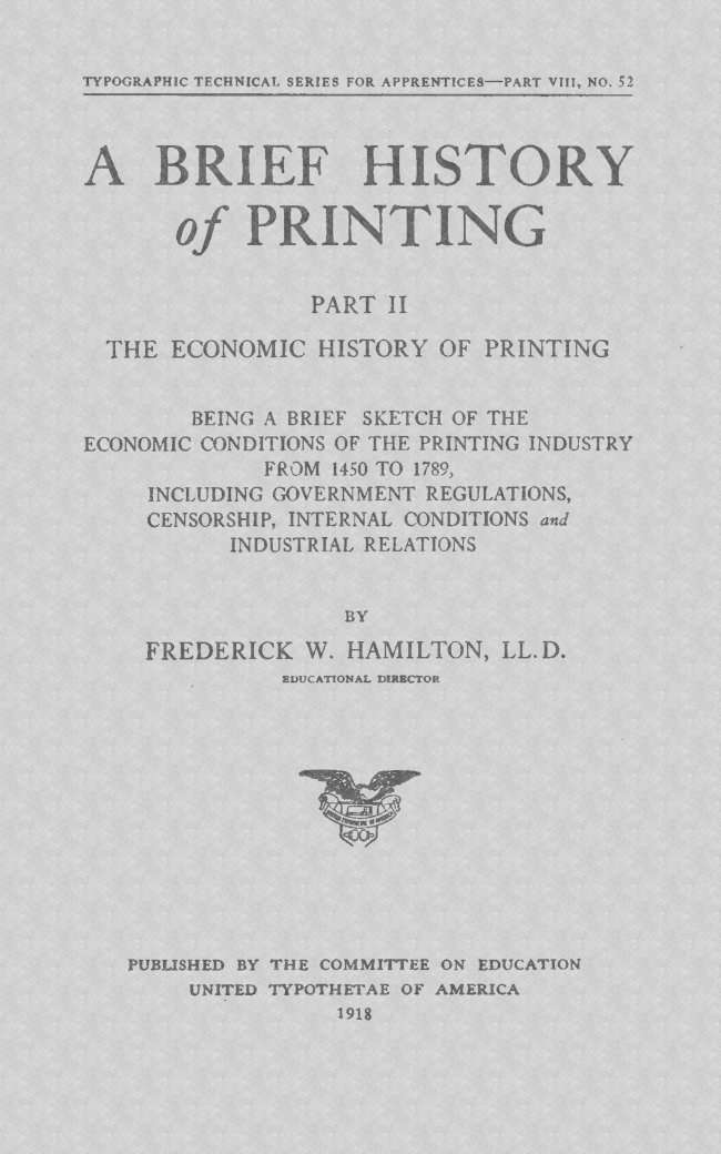 A Brief History of Printing. Part II: The Economic History of Printing cover