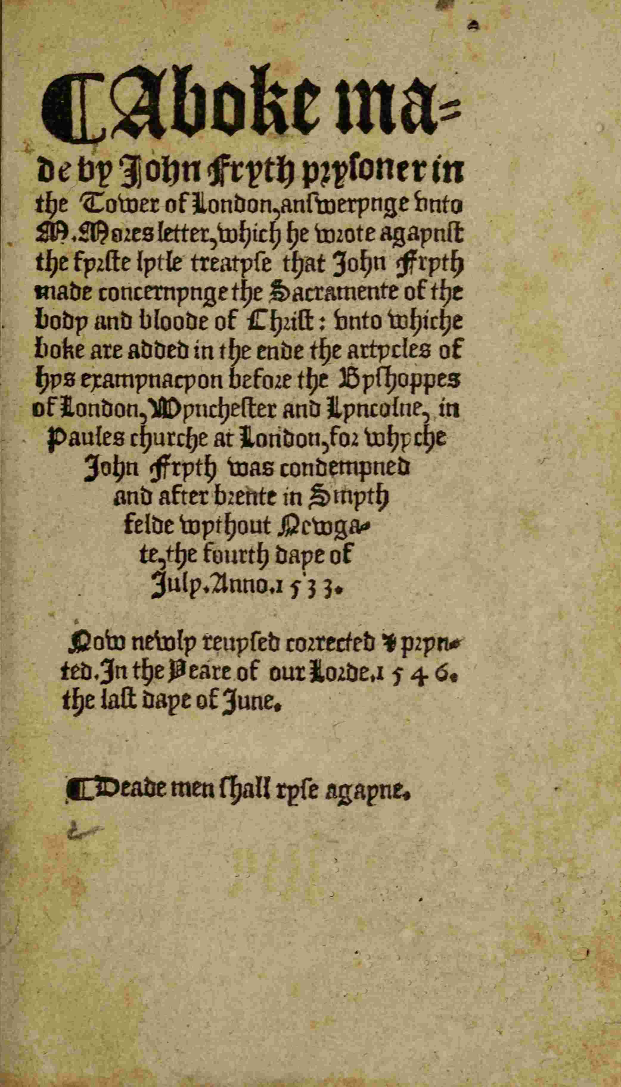A boke made by John Fryth, prysoner in the Tower of London / answerynge unto M. Mores letter, which he wrote agaynst the fyrste lytle treatyse that John Fryth made, concernynge the sacramente of the body and bloude of Christ cover