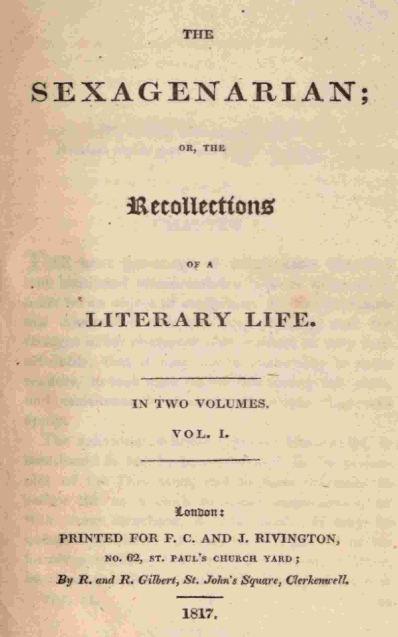 The sexagenarian; or, the recollections of a literary life (Volume 1 of 2) cover