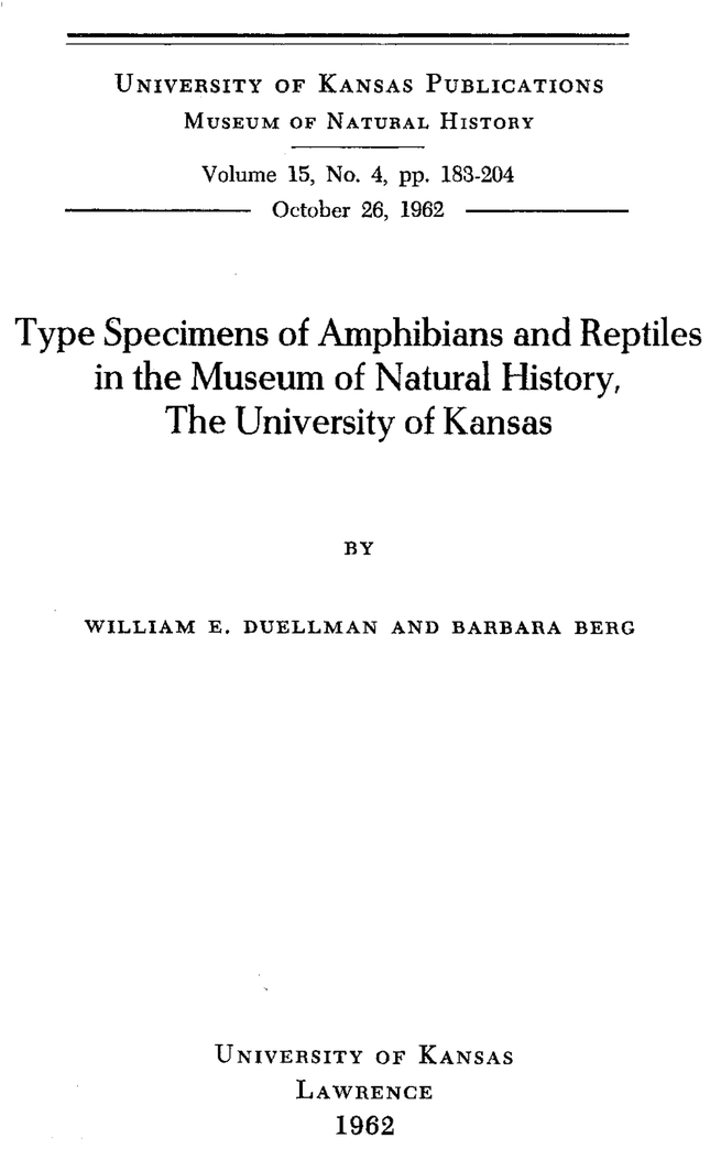 Type specimens of amphibians and reptiles in the Museum of Natural History, the University of Kansas cover